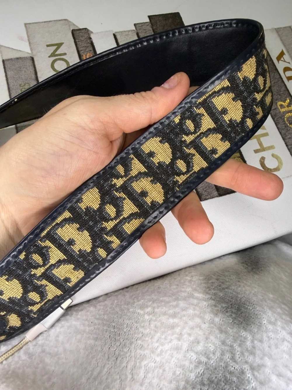 💙Dior Navy & Tan Oblique Signature Belt with Gold Buckle 🇫🇷